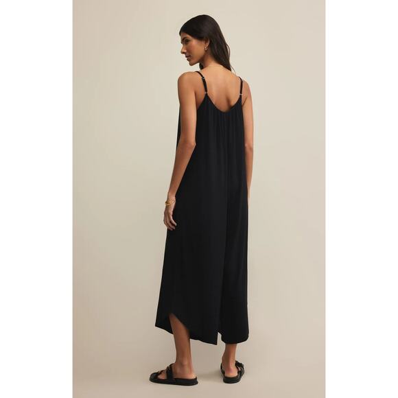 Z Supply Women's Black Scoop Neck Cropped Length Flared Jumpsuit Size Large - Picture 2 of 9